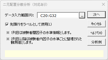 「二元配置分散分析（対応あり）」ダイアログ1