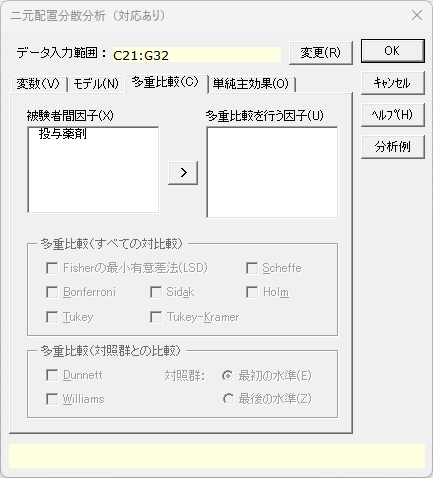 「二元配置分散分析（対応あり）」ダイアログ2 「多重比較」タブ