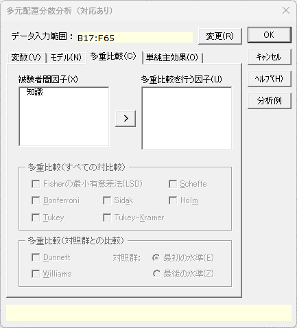 「多元配置分散分析（対応あり）」ダイアログ 「多重比較」タブ