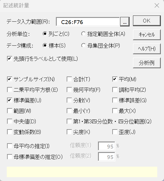 「記述統計量」ダイアログ