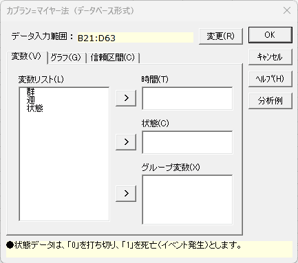 「カプラン=マイヤー法(データベース形式)」ダイアログ 変数タブ