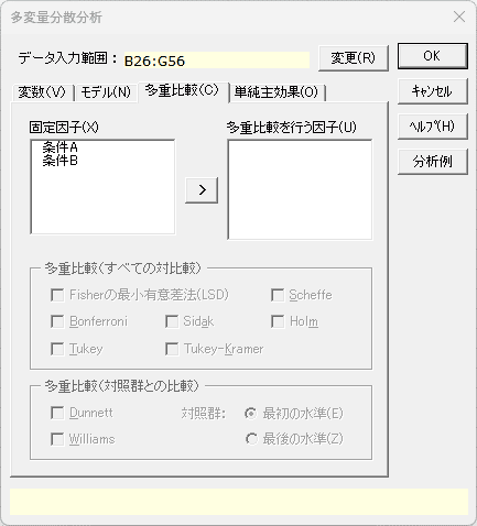 「多変量分散分析」ダイアログ 「多重比較」タブ