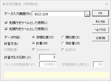 「多次元尺度法（行列形式）」ダイアログ