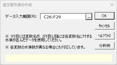 「直交配列表の作成」ダイアログ