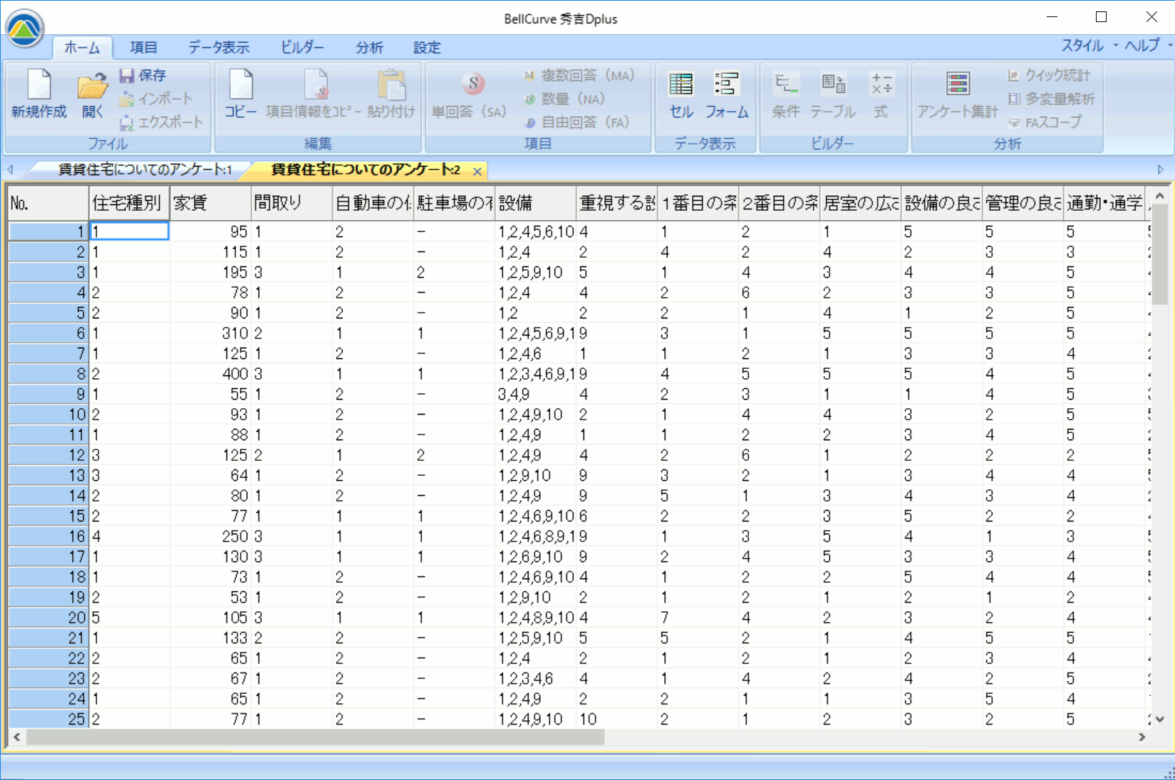 回答データ入力ルウィンドウ画面