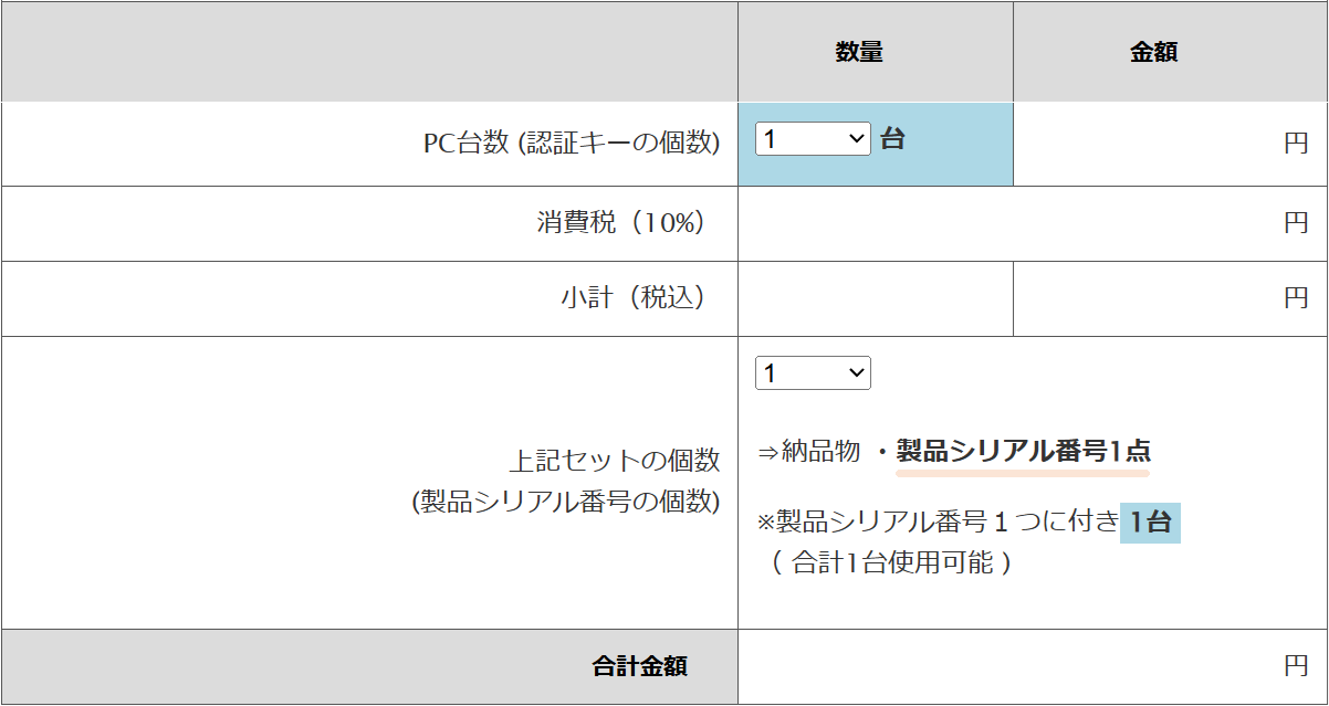 購入例1の注文画面