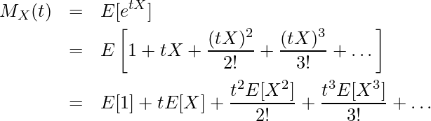  \begin{eqnarray*} \displaystyle M_X(t) &=& E[e^{tX}] \\ &=& E \left[1 + tX + \frac{(tX)^2}{2!} + \frac{(tX)^3}{3!} + \dots \right] \\ &=& E[1] + tE[X] + \frac{t^2E[X^2]}{2!} + \frac{t^3E[X^3]}{3!} + \dots \end{eqnarray*} 