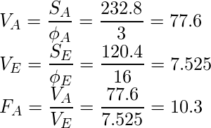  \displaystyle V_A = \frac{S_A}{\phi_A} = \frac{232.8}{3}= 77.6 \\ V_E = \frac{S_E}{\phi_E} = \frac{120.4}{16}=7.525 \\ F_A = \frac{V_A}{V_E} = \frac{77.6}{7.525} =10.3 