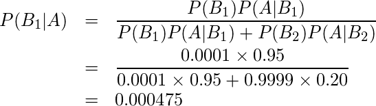  \begin{eqnarray*} P(B_1|A)&=&\displaystyle\frac{P(B_1)P(A|B_1)}{P(B_1)P(A|B_1)+P(B_2)P(A|B_2)} \\ &=& \displaystyle \frac{0.0001 \times 0.95}{0.0001 \times 0.95 + 0.9999 \times 0.20} \\ &=& 0.000475 \end{eqnarray*} 