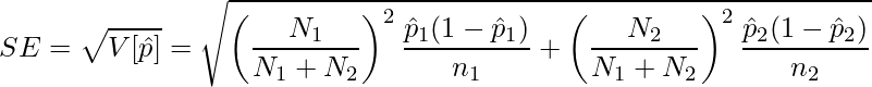  \displaystyle SE = \sqrt{V[\hat{p}]} = \sqrt{\left(\frac{N_1}{N_1 + N_2}\right)^2\frac{\hat{p}_1(1-\hat{p}_1)}{n_1} + \left(\frac{N_2}{N_1 + N_2}\right)^2\frac{\hat{p}_2(1-\hat{p}_2)}{n_2}} 
