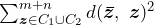 \sum^{m+n}_{\boldsymbol{z} \in C_1 \cup C_2} d(\boldsymbol{\bar{z}},\ \boldsymbol{z})^2