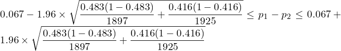  \displaystyle 0.067-1.96 \times \sqrt{\frac{0.483(1-0.483)}{1897}+\frac{0.416(1-0.416)}{1925}} \leq p_1-p_2 \leq 0.067+1.96 \times \sqrt{\frac{0.483(1-0.483)}{1897}+\frac{0.416(1-0.416)}{1925}} 