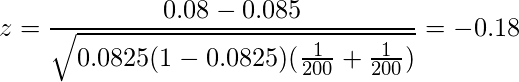  \displaystyle z = \frac{0.08-0.085}{\sqrt{0.0825(1-0.0825)(\frac{1}{200}+\frac{1}{200})}} = -0.18 