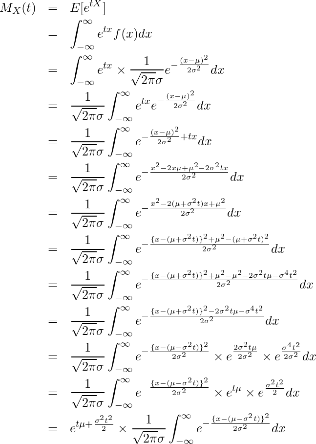  \begin{eqnarray*} \displaystyle M_X(t) &=& E[e^{tX}] \\ &=& \int_{-\infty}^{\infty}{e^{tx}f(x)} dx \\ &=& \int_{-\infty}^{\infty} e^{tx} \times \frac{1}{\sqrt{2\pi}\sigma} e^{-\frac{(x-\mu)^{2}}{2\sigma^{2}}} dx \\ &=& \frac{1}{\sqrt{2\pi}\sigma} \int_{-\infty}^{\infty} e^{tx} e^{-\frac{(x-\mu)^{2}}{2\sigma^{2}}} dx \\ &=& \frac{1}{\sqrt{2\pi}\sigma} \int_{-\infty}^{\infty} e^{-\frac{(x-\mu)^{2}}{2\sigma^{2}} + tx} dx \\ &=& \frac{1}{\sqrt{2\pi}\sigma} \int_{-\infty}^{\infty} e^{-\frac{x^2-2x\mu+\mu^2-2\sigma^2tx}{2\sigma^{2}}} dx \\ &=& \frac{1}{\sqrt{2\pi}\sigma} \int_{-\infty}^{\infty} e^{-\frac{x^2-2(\mu+\sigma^2t)x+\mu^2}{2\sigma^{2}}} dx \\ &=& \frac{1}{\sqrt{2\pi}\sigma} \int_{-\infty}^{\infty} e^{-\frac{\{x-(\mu+\sigma^2t)\}^2+\mu^2-(\mu+\sigma^2t)^2}{2\sigma^{2}}} dx \\ &=& \frac{1}{\sqrt{2\pi}\sigma} \int_{-\infty}^{\infty} e^{-\frac{\{x-(\mu+\sigma^2t)\}^2+\mu^2-\mu^2-2\sigma^2t\mu-\sigma^4t^2} {2\sigma^{2}}} dx\\ &=& \frac{1}{\sqrt{2\pi}\sigma} \int_{-\infty}^{\infty} e^{-\frac{\{x-(\mu+\sigma^2t)\}^2-2\sigma^2t\mu-\sigma^4t^2} {2\sigma^{2}}} dx\\ &=& \frac{1}{\sqrt{2\pi}\sigma} \int_{-\infty}^{\infty} e^{-\frac{\{x-(\mu-\sigma^2t)\}^2}{2\sigma^{2}}} \times e^{\frac{2\sigma^2t\mu}{2\sigma^{2}}} \times e^{\frac{\sigma^4t^2}{2\sigma^{2}}} dx\\ &=& \frac{1}{\sqrt{2\pi}\sigma} \int_{-\infty}^{\infty} e^{-\frac{\{x-(\mu-\sigma^2t)\}^2}{2\sigma^{2}}} \times e^{t\mu} \times e^{\frac{\sigma^2t^2}{2}} dx\\ &=& e^{t\mu+\frac{\sigma^2t^2}{2}} \times \frac{1}{\sqrt{2\pi}\sigma} \int_{-\infty}^{\infty} e^{-\frac{\{x-(\mu-\sigma^2t)\}^2}{2\sigma^{2}}} dx\\ \end{eqnarray*} 