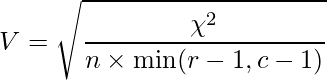  \displaystyle V = \sqrt{\frac{\chi^2}{n \times \min (r-1,c-1)}} 