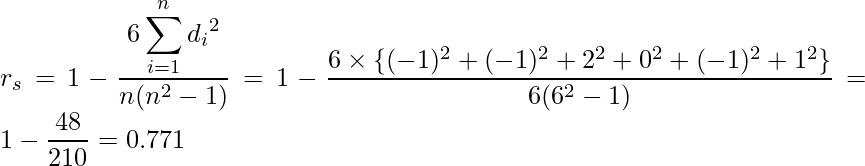  \displaystyle r_s = 1 - \frac{6\displaystyle \sum_{i = 1}^n {d_i}^2}{n(n^2 - 1)} = 1 - \frac{6 \times \{(-1)^2 + (-1)^2 + 2^2 + 0^2 + (-1)^2 + 1^2\}}{6(6^2 - 1)} = 1- \frac{48}{210} = 0.771 