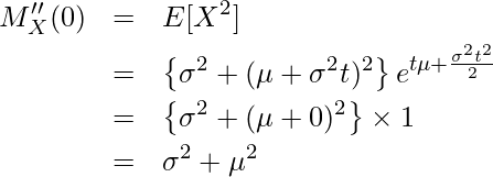  \begin{eqnarray*} \displaystyle M''_X(0) &=& E[X^2] \\ &=& \left\{\sigma^2 + (\mu + \sigma^2t)^2 \right\} e^{t\mu+\frac{\sigma^2t^2}{2}} \\ &=& \left\{\sigma^2 + (\mu + 0)^2 \right\} \times 1 \\ &=& \sigma^2 + \mu^2 \\ \end{eqnarray*} 