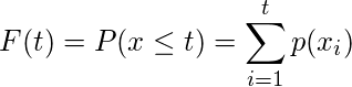 \displaystyle F(t)=P(x \leq t)= \sum_{i=1}^{t} p(x_i) 