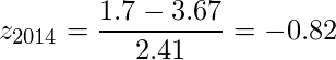  \displaystyle z_{2014} = \frac{1.7 - 3.67}{2.41} = -0.82 