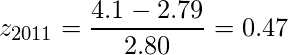  \displaystyle z_{2011} = \frac{4.1 - 2.79}{2.80} = 0.47 