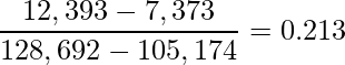  \displaystyle \frac{12,393-7,373}{128,692-105,174}=0.213 