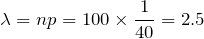 \lambda=np=100 \times \displaystyle\frac{1}{40}=2.5