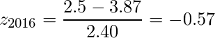  \displaystyle z_{2016} = \frac{2.5 - 3.87}{2.40} = -0.57 