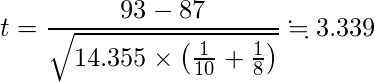  \displaystyle t=\frac{93-87}{\sqrt{14.355 \times \left(\frac{1}{10}+\frac{1}{8}\right)}} \fallingdotseq 3.339 