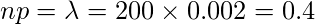  np=\lambda=200 \times 0.002=0.4 