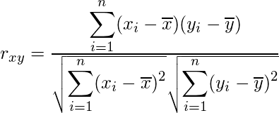 r_{xy} = \frac{\displaystyle \sum_{i = 1}^n (x_i - \overline{x}) (y_i - \overline{y})}{\sqrt{\displaystyle \sum_{i = 1}^n  (x_i - \overline{x})^2}\sqrt{\displaystyle \sum_{i = 1}^n  (y_i - \overline{y})^2}} 