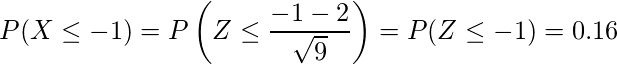  \displaystyle P(X \leq -1) = P \left(Z\leq \frac{-1-2}{\sqrt{9}} \right) = P(Z \leq -1) = 0.16 