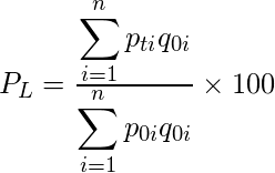  P_L= \frac{\displaystyle \sum^{n}_{i=1}p_{ti}q_{0i}}{\displaystyle \sum^{n}_{i=1}p_{0i}q_{0i}} \times 100 