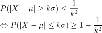  \displaystyle P(|X-\mu| \geq k\sigma) \leq \frac{1}{k^2} \\ \Leftrightarrow P(|X-\mu| \leq k\sigma) \geq 1-\frac{1}{k^2} \\ 