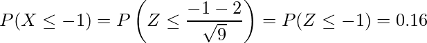  \displaystyle P(X \leq -1) = P \left(Z\leq \frac{-1-2}{\sqrt{9}} \right) = P(Z \leq -1) = 0.16 