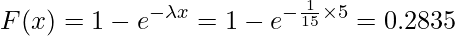  \displaystyle F(x)=1-e^{- \lambda x}=1-e^{- \frac{1}{15} \times 5}=0.2835 