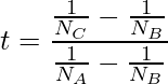  \displaystyle t = \frac{\frac{1}{N_C}-\frac{1}{N_B}}{\frac{1}{N_A}-\frac{1}{N_B}} 