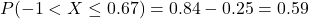 P(-1 < X \leq 0.67) = 0.84 - 0.25 = 0.59