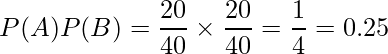  P(A)P(B) = \displaystyle　\frac{20}{40} \times \frac{20}{40} = \frac{1}{4} = 0.25 