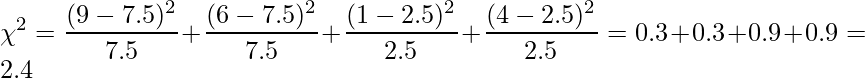  \displaystyle \chi^2=\frac{(9-7.5)^2}{7.5} + \frac{(6-7.5)^2}{7.5} + \frac{(1-2.5)^2}{2.5} + \frac{(4-2.5)^2}{2.5} = 0.3 + 0.3 + 0.9 + 0.9 = 2.4 