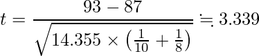  \displaystyle t=\frac{93-87}{\sqrt{14.355 \times \left(\frac{1}{10}+\frac{1}{8}\right)}} \fallingdotseq 3.339 