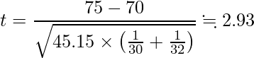  \displaystyle t=\frac{75-70}{\sqrt{45.15 \times \left(\frac{1}{30}+\frac{1}{32}\right)}} \fallingdotseq 2.93 