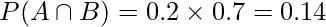  P(A \cap B) = 0.2 \times 0.7 = 0.14 