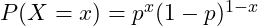  P(X=x)=p^x(1-p)^{1-x} 