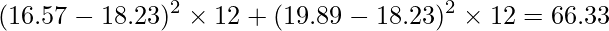  \displaystyle (16.57-18.23)^{2} \times 12 +(19.89-18.23)^{2} \times 12 =66.33 