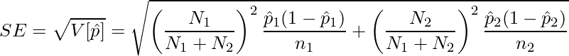  \displaystyle SE = \sqrt{V[\hat{p}]} = \sqrt{\left(\frac{N_1}{N_1 + N_2}\right)^2\frac{\hat{p}_1(1-\hat{p}_1)}{n_1} + \left(\frac{N_2}{N_1 + N_2}\right)^2\frac{\hat{p}_2(1-\hat{p}_2)}{n_2}} 