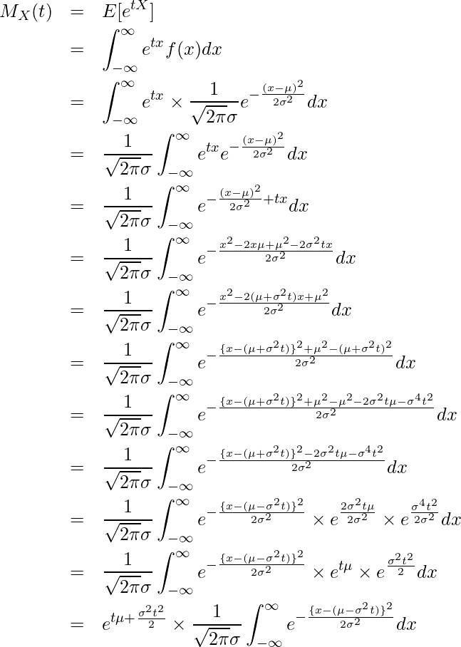  \begin{eqnarray*} \displaystyle M_X(t) &=& E[e^{tX}] \\ &=& \int_{-\infty}^{\infty}{e^{tx}f(x)} dx \\ &=& \int_{-\infty}^{\infty} e^{tx} \times \frac{1}{\sqrt{2\pi}\sigma} e^{-\frac{(x-\mu)^{2}}{2\sigma^{2}}} dx \\ &=& \frac{1}{\sqrt{2\pi}\sigma} \int_{-\infty}^{\infty} e^{tx} e^{-\frac{(x-\mu)^{2}}{2\sigma^{2}}} dx \\ &=& \frac{1}{\sqrt{2\pi}\sigma} \int_{-\infty}^{\infty} e^{-\frac{(x-\mu)^{2}}{2\sigma^{2}} + tx} dx \\ &=& \frac{1}{\sqrt{2\pi}\sigma} \int_{-\infty}^{\infty} e^{-\frac{x^2-2x\mu+\mu^2-2\sigma^2tx}{2\sigma^{2}}} dx \\ &=& \frac{1}{\sqrt{2\pi}\sigma} \int_{-\infty}^{\infty} e^{-\frac{x^2-2(\mu+\sigma^2t)x+\mu^2}{2\sigma^{2}}} dx \\ &=& \frac{1}{\sqrt{2\pi}\sigma} \int_{-\infty}^{\infty} e^{-\frac{\{x-(\mu+\sigma^2t)\}^2+\mu^2-(\mu+\sigma^2t)^2}{2\sigma^{2}}} dx \\ &=& \frac{1}{\sqrt{2\pi}\sigma} \int_{-\infty}^{\infty} e^{-\frac{\{x-(\mu+\sigma^2t)\}^2+\mu^2-\mu^2-2\sigma^2t\mu-\sigma^4t^2} {2\sigma^{2}}} dx\\ &=& \frac{1}{\sqrt{2\pi}\sigma} \int_{-\infty}^{\infty} e^{-\frac{\{x-(\mu+\sigma^2t)\}^2-2\sigma^2t\mu-\sigma^4t^2} {2\sigma^{2}}} dx\\ &=& \frac{1}{\sqrt{2\pi}\sigma} \int_{-\infty}^{\infty} e^{-\frac{\{x-(\mu-\sigma^2t)\}^2}{2\sigma^{2}}} \times e^{\frac{2\sigma^2t\mu}{2\sigma^{2}}} \times e^{\frac{\sigma^4t^2}{2\sigma^{2}}} dx\\ &=& \frac{1}{\sqrt{2\pi}\sigma} \int_{-\infty}^{\infty} e^{-\frac{\{x-(\mu-\sigma^2t)\}^2}{2\sigma^{2}}} \times e^{t\mu} \times e^{\frac{\sigma^2t^2}{2}} dx\\ &=& e^{t\mu+\frac{\sigma^2t^2}{2}} \times \frac{1}{\sqrt{2\pi}\sigma} \int_{-\infty}^{\infty} e^{-\frac{\{x-(\mu-\sigma^2t)\}^2}{2\sigma^{2}}} dx\\ \end{eqnarray*} 