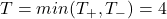 T=min(T_+, T_-)=4