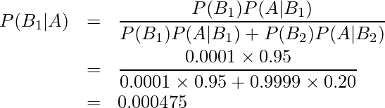  \begin{eqnarray*} P(B_1|A)&=&\displaystyle\frac{P(B_1)P(A|B_1)}{P(B_1)P(A|B_1)+P(B_2)P(A|B_2)} \\ &=& \displaystyle \frac{0.0001 \times 0.95}{0.0001 \times 0.95 + 0.9999 \times 0.20} \\ &=& 0.000475 \end{eqnarray*} 