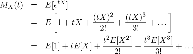  \begin{eqnarray*} \displaystyle M_X(t) &=& E[e^{tX}] \\ &=& E \left[1 + tX + \frac{(tX)^2}{2!} + \frac{(tX)^3}{3!} + \dots \right] \\ &=& E[1] + tE[X] + \frac{t^2E[X^2]}{2!} + \frac{t^3E[X^3]}{3!} + \dots \end{eqnarray*} 