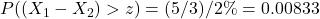 P((X_1-X_2)>z)=(5/3)/2\%=0.00833